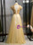 Gold Tulle Sequins High Neck Cap Sleeve Prom Dress