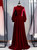 Burgundy Velvet Long Sleeve High Neck Bow Prom Dress