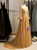 Gold Tulle Appliques Beading Long Sleeve Prom Dress