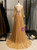 Gold Tulle Appliques Beading Long Sleeve Prom Dress