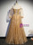 Gold Tulle Off the Shoulder Short Sleeve Prom Dress