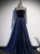 Navy Blue Tulle High Neck Long Sleeve Prom Dress