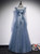 Blue Tulle Sequins Backless Long Sleeve Prom Dress