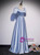 Blue Satin Square Puff Sleeve Beading Pearls Prom Dress