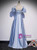Blue Satin Square Puff Sleeve Beading Pearls Prom Dress