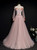 Pink Tulle Long Sleeve Spaghetti Straps Appliques Prom Dress