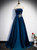 Blue Satin Appliques Beading Strapless Prom Dress