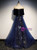 Navy Blue Tulle Velvet V-neck Prom Dress