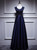 Navy Blue Satin V-neck Appliques Beading Prom Dress