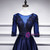 Navy Blue Satin Appliques Beading Prom Dress