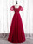 Burgundy Square Puff Sleeve Beading Prom Dress