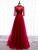Tulle Sequins High Neck Short Sleeve Burgundy Prom Dress