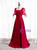 Burgundy Satin Square Short Sleeve Beading Prom Dress