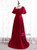 Burgundy Satin Puff Sleeve Square Beading Prom Dress