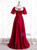 Burgundy Satin Puff Sleeve Square Beading Prom Dress