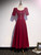 Burgundy Velvet Square Short Sleeve Ankle Length Prom Dress