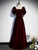 Dark Burgundy Velvet Square Puff Sleeve Beading Prom Dress