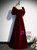 Dark Burgundy Velvet Square Puff Sleeve Beading Prom Dress