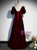 Dark Burgundy Velvet Square Puff Sleeve Beading Prom Dress