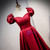 Burgundy Satin Square Puff Sleeve Beading Prom Dress