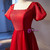 BurgundyTulle Square Puff Sleeve Backless Prom Dress