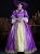 Front view of the Regal Violet Satin Long Sleeve Vintage Dress with champagne lace trim