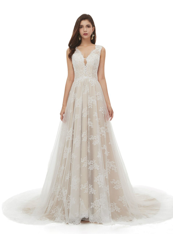 Champagne Tulle Lace V-neck Pearls Wedding Dress With Train