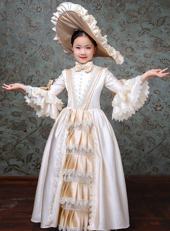 Champagne Satin Long Sleeve Rococo Baroque Victorian Dress