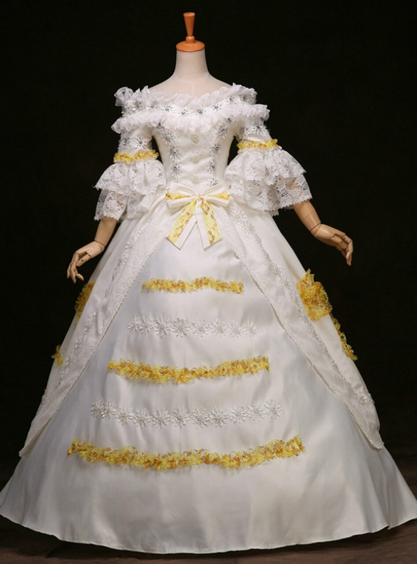 White Satin Lace Short Sleeve Baroque Rococo Dress