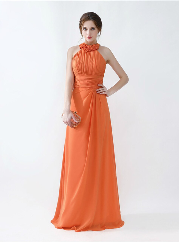 Orange Chiffon Halter Pleats Bridesmaid Dress