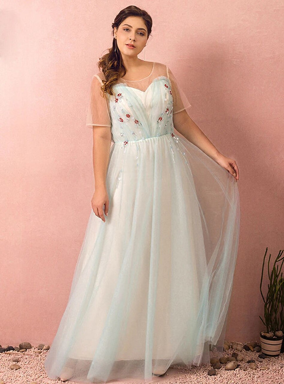 Plus Size Blue Tulle Short Sleeve Pleats Prom Dress