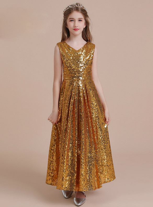 Gold Sequins V-neck Pleats Flower Girl Dress