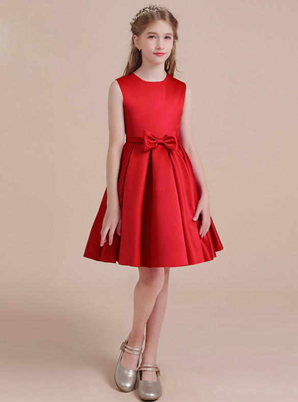 Red Satin Bow Knee Length Flower Girl Dress