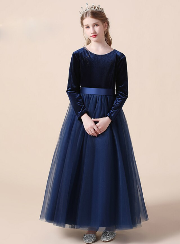 Navy Blue Velvet Tulle Long Sleeve Flower Girl Dress