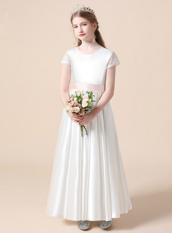 White Satin Scoop Cap Sleeve Flower Girl Dress