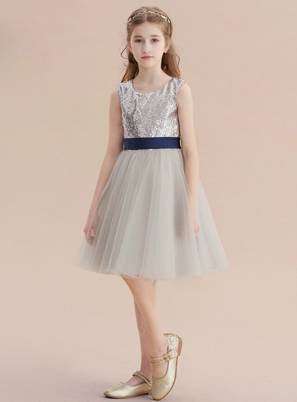 Silver Gray Sequins Tulle Knee Length Flower Girl Dress