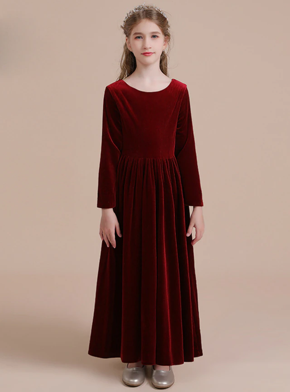 Dark Burgundy Velvet Long Sleeve Flower Girl Dress