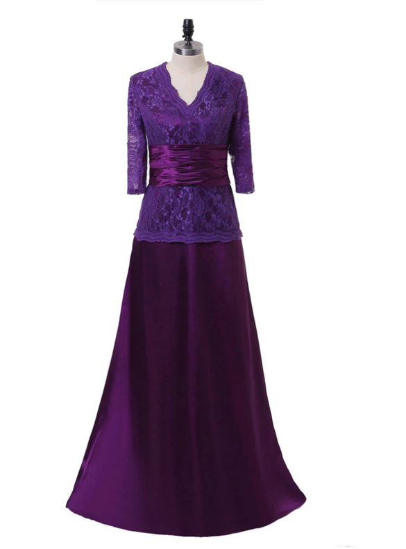 Dark Purple Chiffon Lace V-neck Long Sleeve Mother Of The Bride Dresses