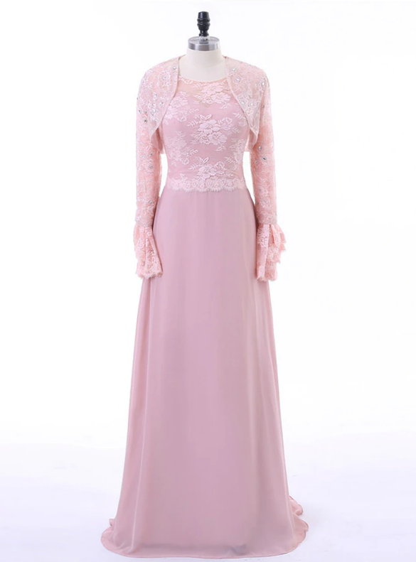 Light Pink Chiffon Lace Long Sleeve Mother Of The Bride Dress