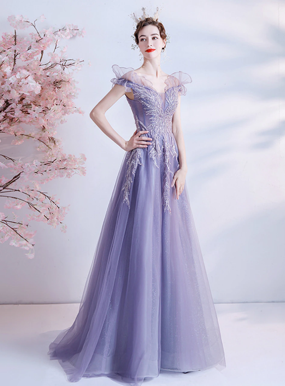 In Stock:Ship in 48 Hours Purple Tulle Sequins Prom Dress