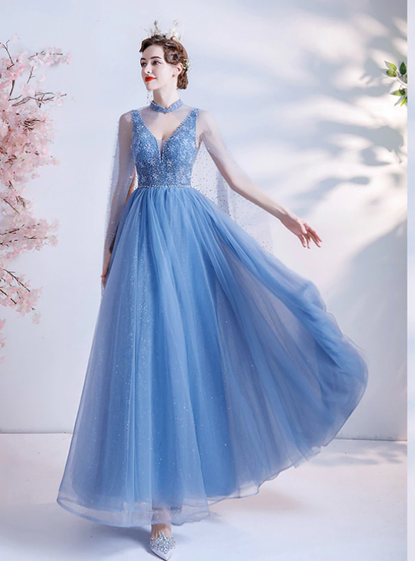 In Stock:Ship in 48 Hours Blue Tulle Beading V-neck Prom Dress