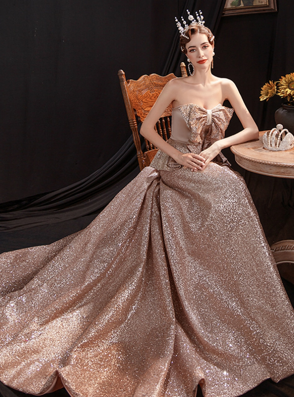 In Stock:Ship in 48 Hours Coffee Gold Long Prom Dress