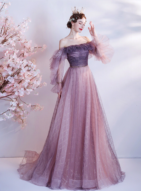 In Stock:Ship in 48 Hours Purple Long Sleeve Prom Dress