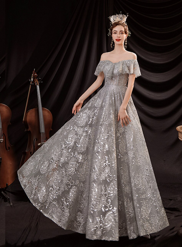 In Stock:Ship in 48 Hours Silver Sequins Prom Dress