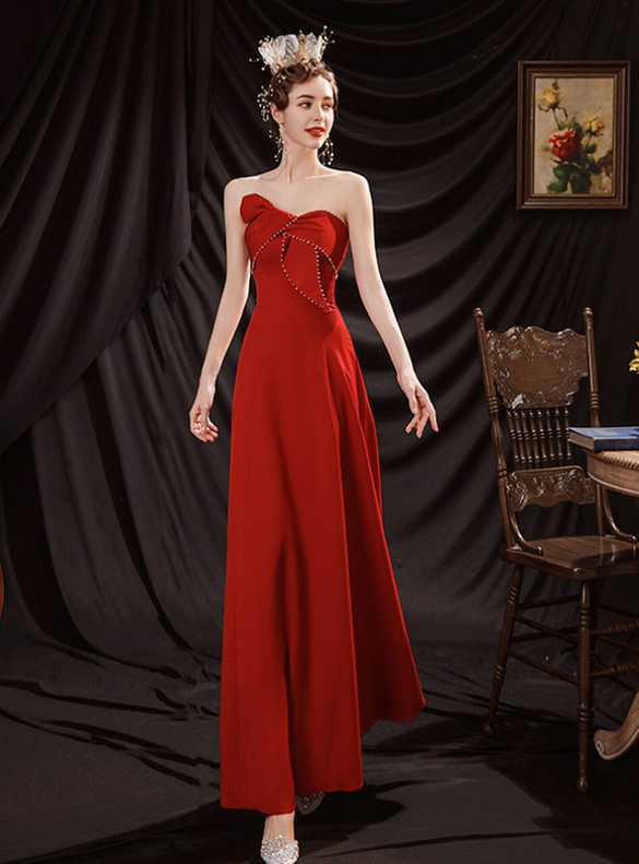 In Stock:Ship in 48 Hours Red Pearls Prom Dress