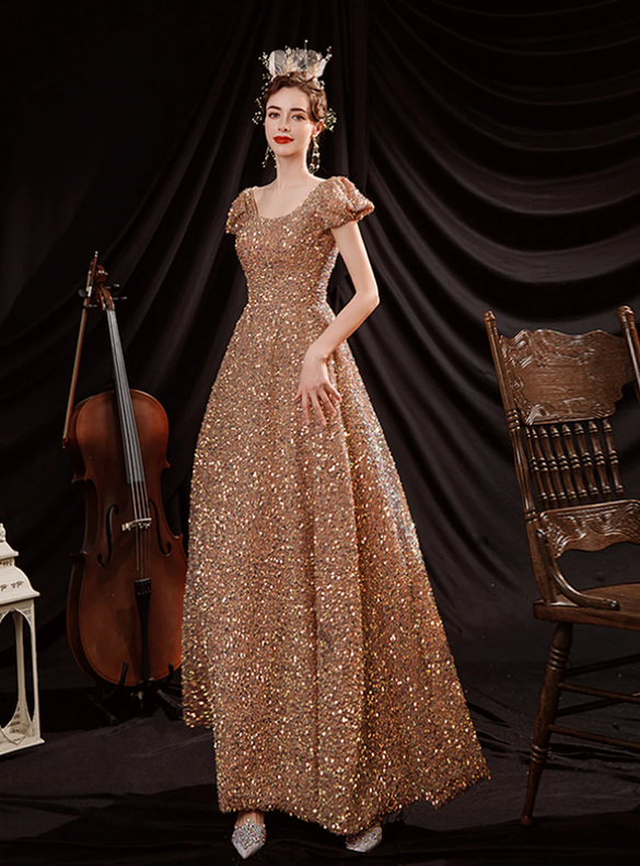 In Stock:Ship in 48 Hours Gold Sequins Prom Dress