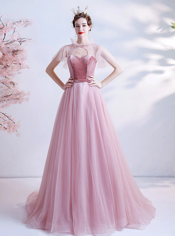 In Stock:Ship in 48 Hours Pink Illusion Back Prom Dress