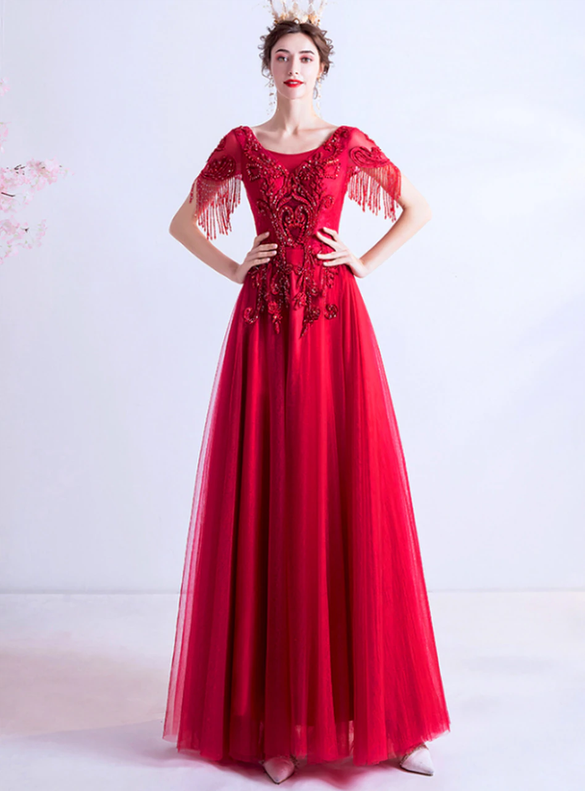 In Stock:Ship in 48 Hours Red Beading Cap Sleeve Prom Dress