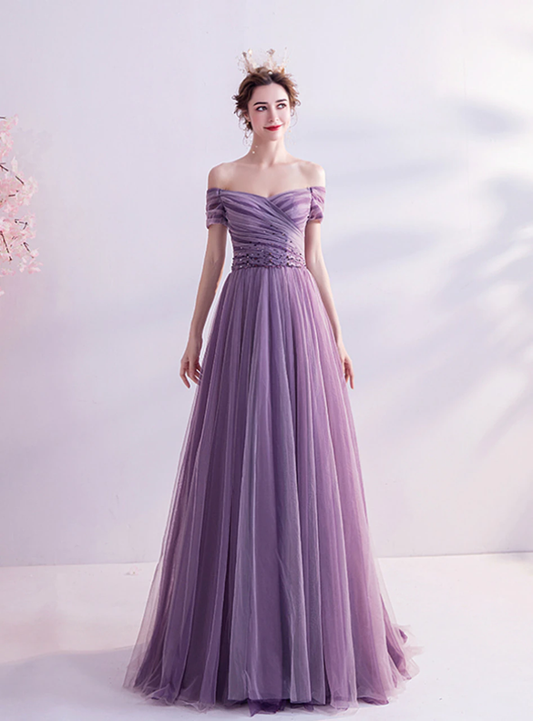 In Stock:Ship in 48 Hours Purple Pleats Beading Prom Dress
