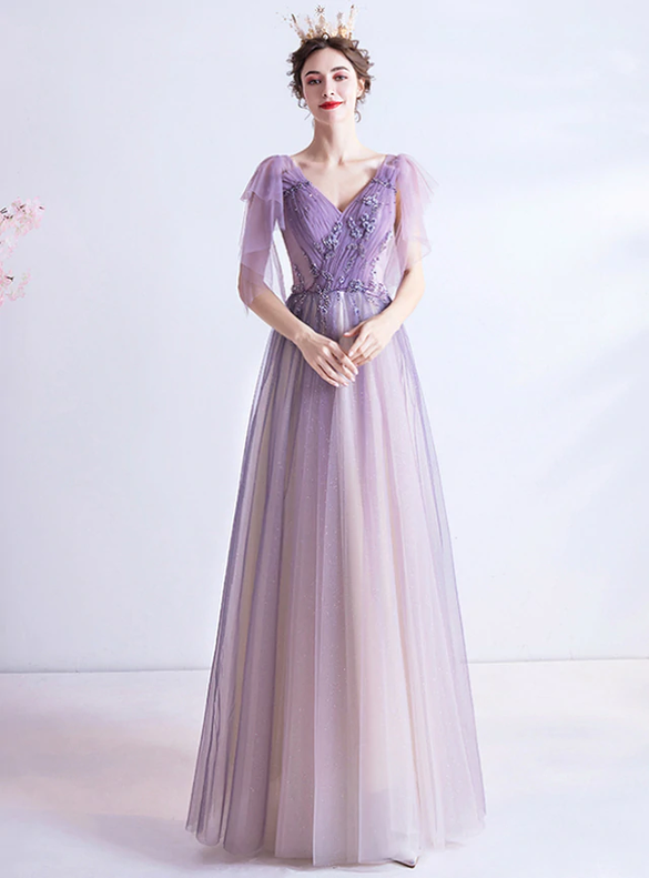 In Stock:Ship in 48 Hours Purple V-neck Pleats Prom Dress